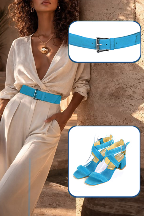 Women's turquoise blue elegant fully open cross straps sandals. Square toe. Low flare heels - Top view